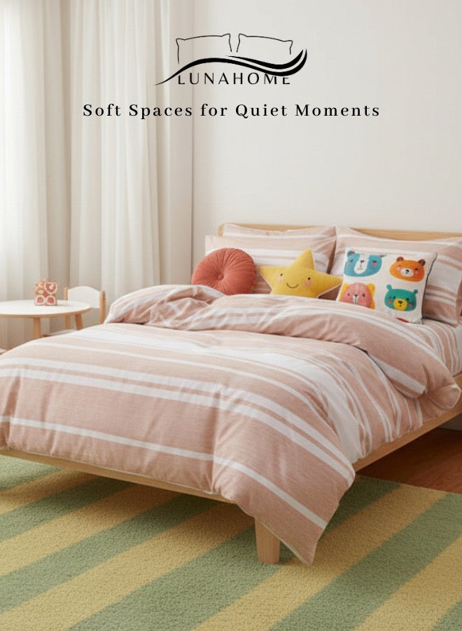 LUNA Home Single Size 4 Pieces set (1 Duvet cover - 160*210cm. 1 Fitted sheet - 100*200+30cm. 2 Pillow cases - 50*75cm. ). Bedding set suitable for kids bedroom Striped print without filling for single bed - Image 1